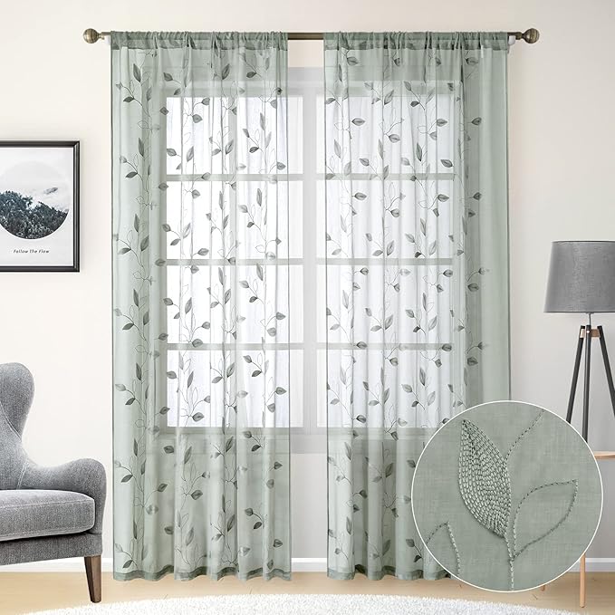 HOMEIDEAS Sage Green Sheer Curtains 52 X 84 Inches Long 2 Panels Embroidered - Image 2