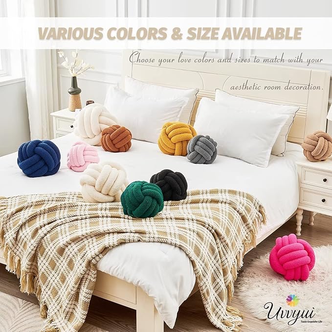 Uvvyui Knot Pillow Ball, Soft Home Decorative Pillows, Round Throw Pillow, Handmade Knotted Plush Pillow, Round Boucle Pillow Cushion (14 Inches Ivory)