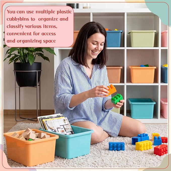 Thyle 6 Pieces Plastic Cubby Bins with Labels Classroom Book Bins Stackable Storage Container Durable Toy Storage Organizer Baskets for School Classroom Office (Classic,Morandi Color1)