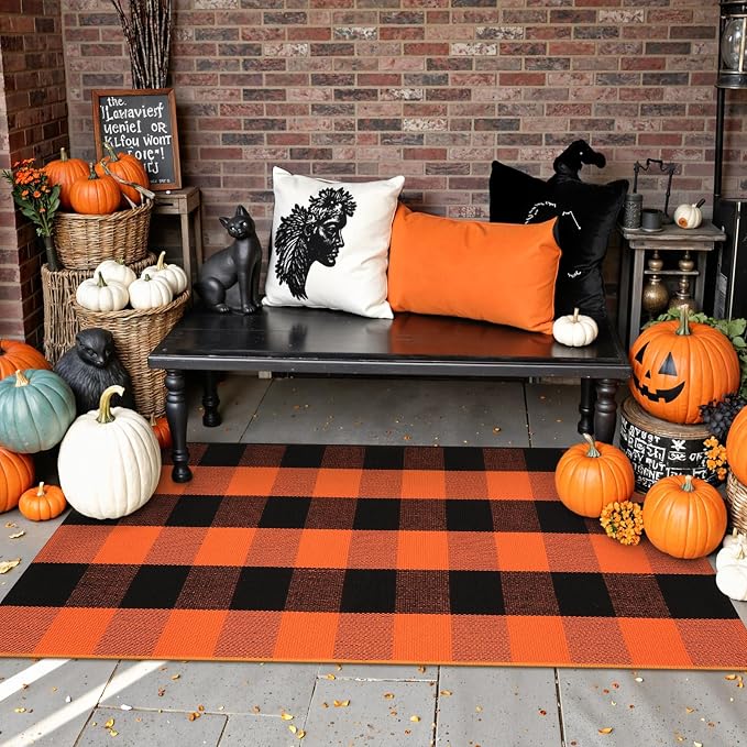 Uphome Bufflo Plaid Outdoor Rug 2'x4.3', Fall Decor Checkered Front Door Mat, Indoor Outdoor Farmhouse Porch Rug for Layered Door Mats, Washable Halloween Black/Orange Runner for Patio Entryway