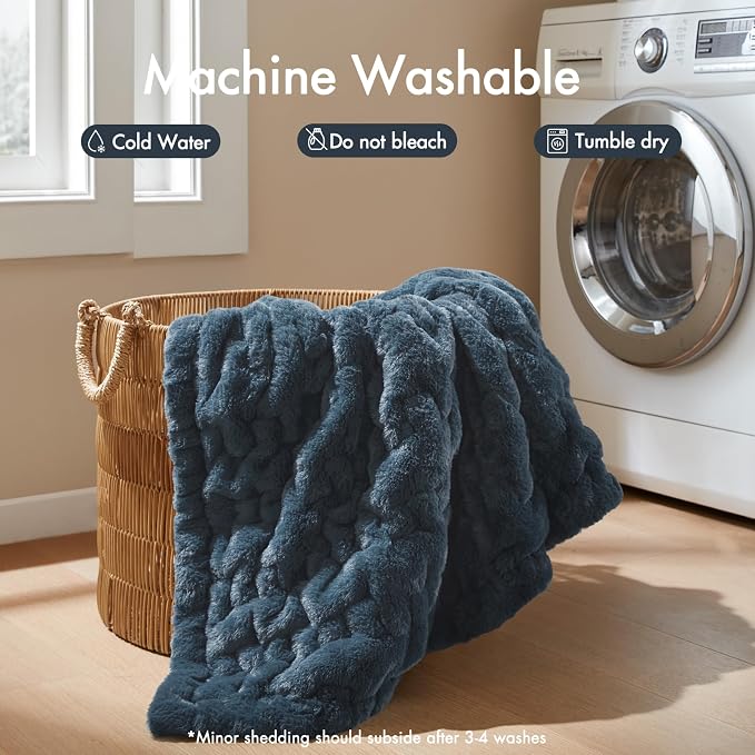Madison Park Ruched Fur Throw Faux Fur Blanket, 50" x 60", Slate Blue | Luxury, Premium, Soft Cozy Brushed Long Pile, All Season Plush Modern OEKO- TEX Certification Warm For Bed, Couch or Sofa