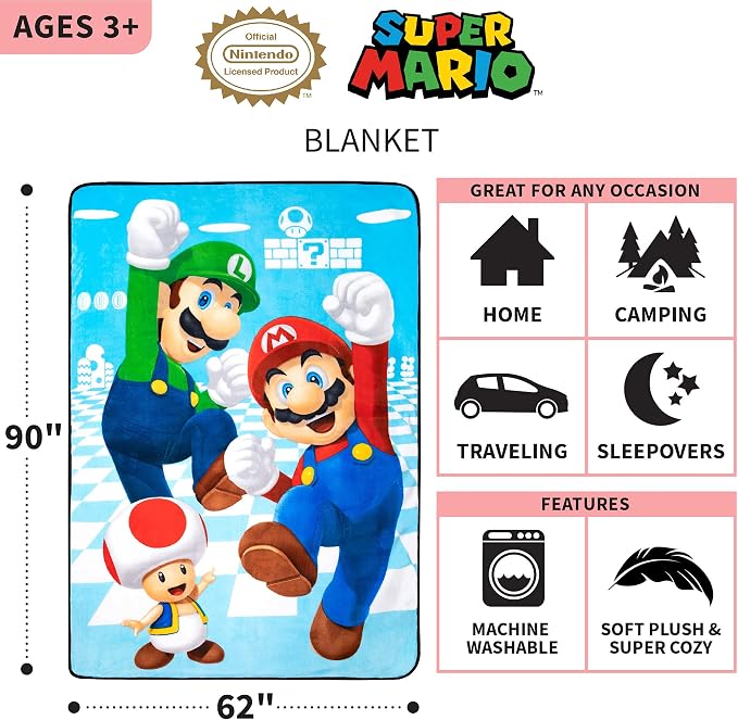 Franco Kids Bedding Super Soft Plush Micro Raschel Blanket, 62 in x 90 in, Mario