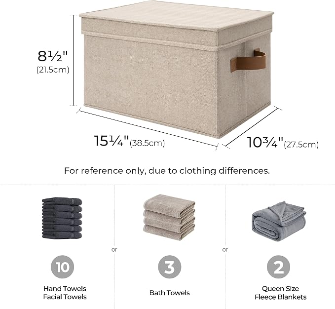 StorageWorks Fabric Storage Bins with Lids, Decorative Storage Bins with PU Handles, Foldable Storage Baskets for Closet, Shelves, Stackable and Sturdy Organization, Brown and Beige, Large, 3-Pack