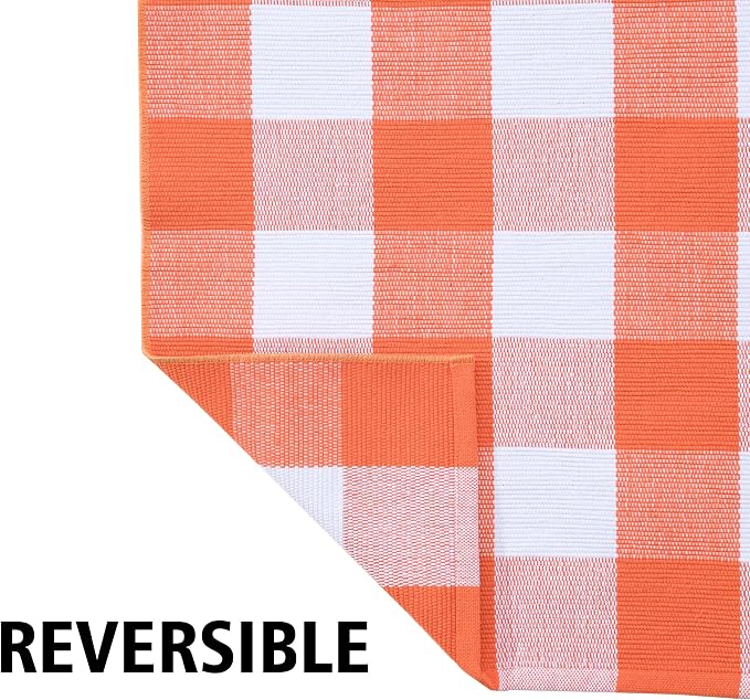 Fall Plaid Area Rug 3x5 Ft, Orange and White Buffalo Check Large Farmhouse Cotton Rug, Hand-Woven Washable Indoor Outdoor Carpet for Halloween Thanksgiving Autumn Porch Patio Decor