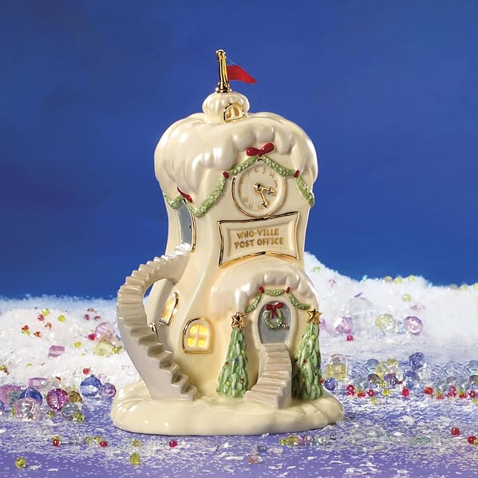 Lenox Dr. Seuss Who-Ville Post Office Christmas Figurine | porcelain with 24k gold accents | 7 x 4.5 x 4.75 inch size | collectible gift for grinch fans | 7 inch