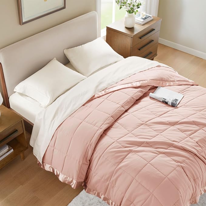 Madison Park Down Alternative King Size Blanket for Bed, Satin Trim, Blush | Lightweight Windom Blanket Premium 3M Scotchgard Moisture Wicking Treatment, OEKO TEX, Soft Bed Cover, All Season