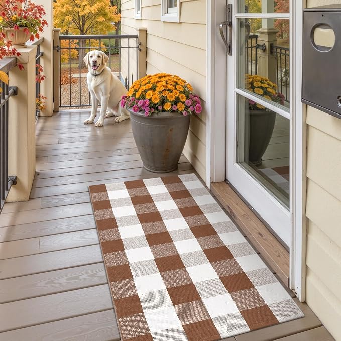 Buffalo Plaid Checkered Rug 24"x51" Fall Front Door Mat Outdoor Welcome Mat | Washable Front Door Mats Outdoor Entrance Porch Entryway Carpet Woven Autumn Welcome Mats Indoor Farmhouse Layered Doormats