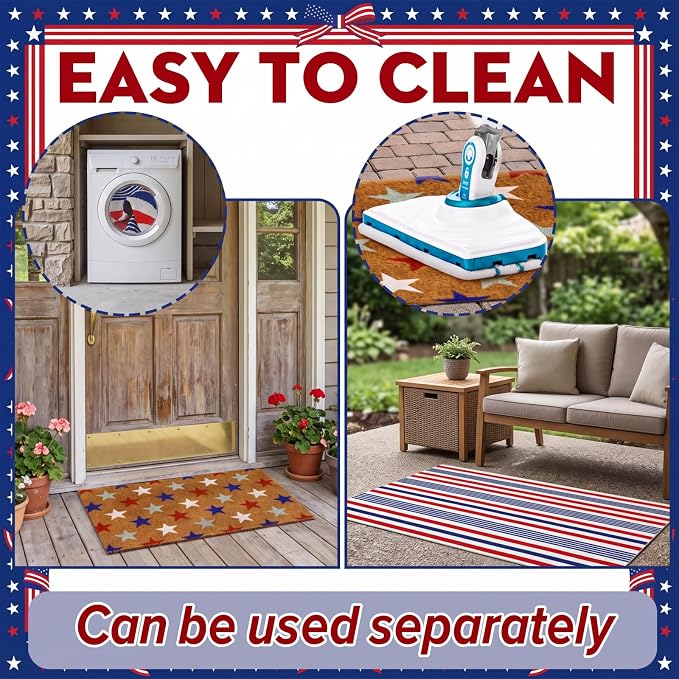 Moucuny 2 Pcs 4th of July Patriotic Coir Door Mat 24'' x 35'' Red Blue White Patriotic Outdoor Rug 16'' x 28'' Star Coir Doormat Non Slip Independence Day Welcome Doormat for Outside Porch Front Decor