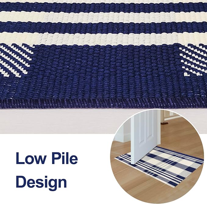 Buffalo Plaid Outdoor Rug 2x3 Navy and Off White Cotton Woven Area Rug Front Porch Mats Washable Indoor Outdoor Doormats Carpet for Entryway Farmhouse Decor