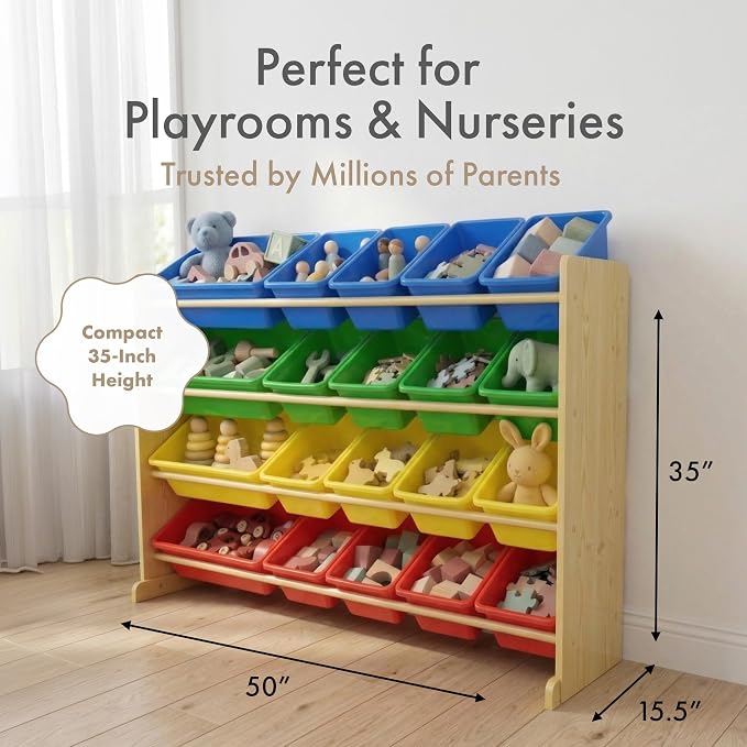 Humble Crew Kids Toy Organizer with 20 Bins, 4 Tier Storage for Playroom | Sturdy wood and steel toddler shelf, removable BPA-free containers, wall anchor anti-tip safety kit for bedroom or classroom