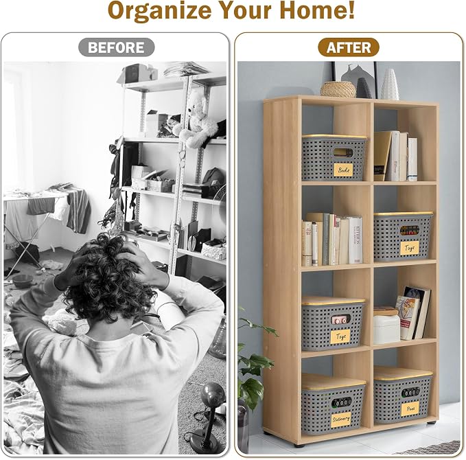 Stackable Storage Baskets: 8 Pack Plastic Baskets Bins, Gray | Decorative Baskets for Organizing, Pantry Decorative Containers for Closets, Cabinets, Shelves