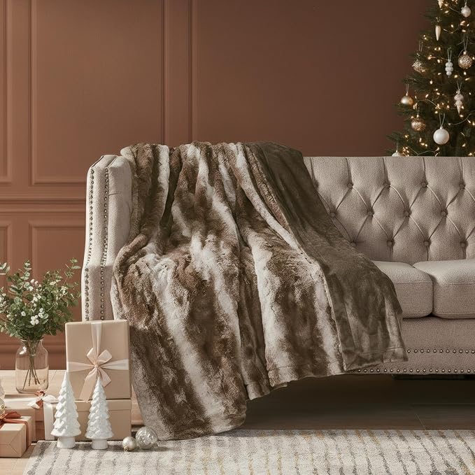 Madison Park Zuri Faux Fur Reversible Throw Blanket, 50 x 60 in, Brown | Soft Plush, Luxury, Animal Stripes, Mink Reverse, Modern, All Season, for Bed Sofa Couch, OEKO-TEX Certified
