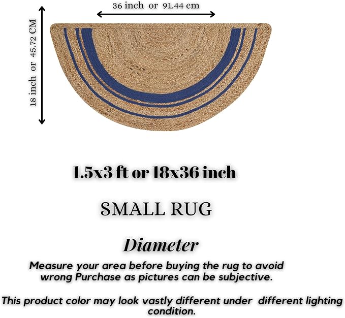 Boho Braided 1.5x3 Area Rug - Jute Natural Fiber Half Round Rug for Living Room Entryway, Farmhouse, Home, Indoor Rugs Jute Door mat for Bathroom, Kitchen (Navy Natural, 1.5 X 3 ft)