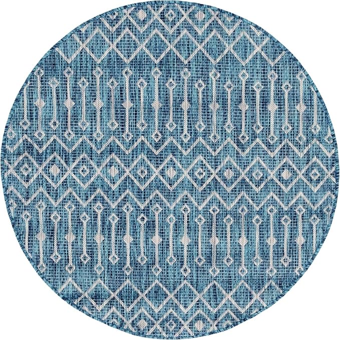 Unique Loom Outdoor Trellis Collection Area Rug - Tribal Trellis (5' 3" Round, Teal/ Ivory)