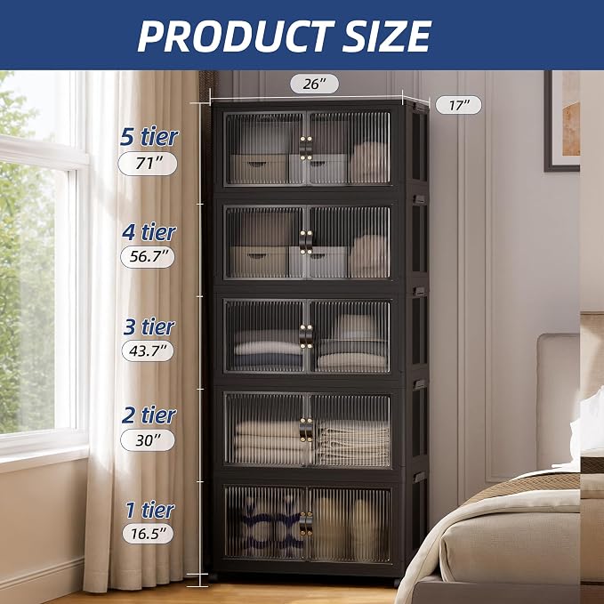 SAILUN 145Gal/580Qt Collapsible & Stackable Storage Bins with Door & a Lid,Perfect for Blanket Storage, Pillow Organizer, Bedroom Closet & Living Room, Black 26" W x 17" D x 71" H