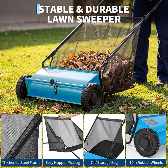 Steel 26 Inch Push Lawn Sweeper with 7 Cu ft Hopper Bag | Walk Behind Heavy Duty Leaf Collector and Yard Sweeper, Adjustable Brush Height for Patio Driveway & Garden Grass