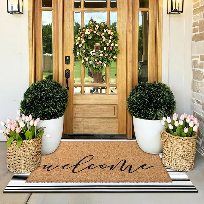 Tinideya 2 Pcs Door Mat Welcome Non Slip Coir Mats Floor Layering Doormats Seasonal for Front Porch Entryway Decor(Welcome)