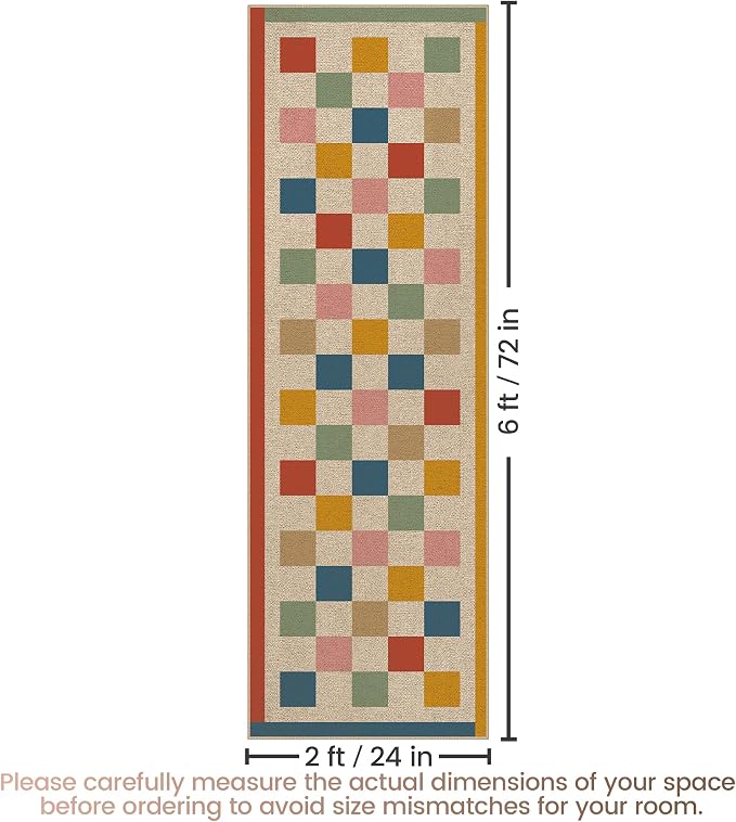 Washable Checkered Easy Jute Runner Rug, 2x6 Colorful Checkerboard Boho Geometric Outdoor Indoor Patio Rugs, Low Pile Lightweight Non Slip Neutral Runner Carpet for Hallway Kitchen 6ft Entryway Porch