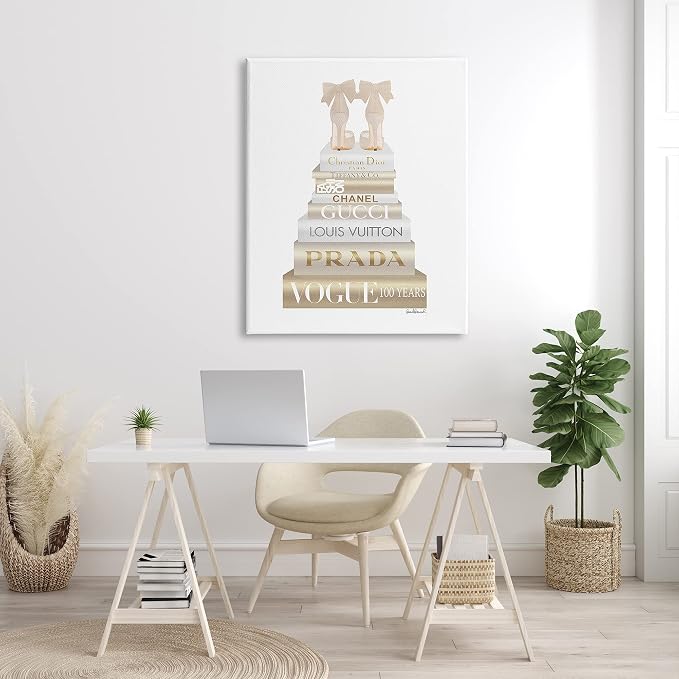 Cream Bow Heels Glam Bookstack, 36 x 48 Inch Canvas Wall Art | Stupell Industries · By Amanda Greenwood · Ready to hang · Chic gift for fashion lovers · Made in USA