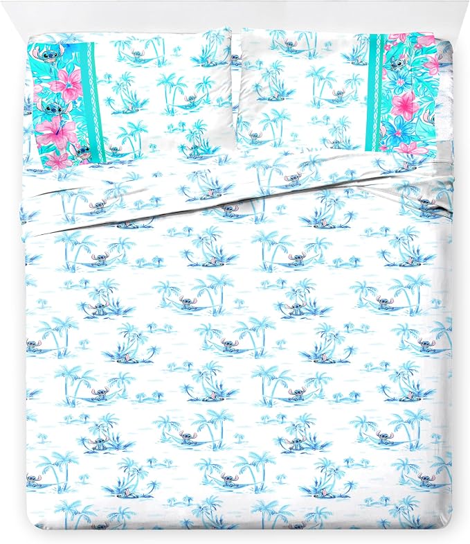 Disney Lilo and Stitch Queen Comforter Set 7 Piece Cartoon Bedding, Multi | Floral Bed in a Bag, Comforter Sheets Shams Pillowcases, Official Product, Soft Microfiber, Machine Washable, Girls Gift
