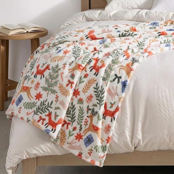 Martha Stewart - Blanket, Incredibly Soft Throw Blanket for Couch or Bed, Printed Plush & Oversized Bedding (Holiday Woodland White, 60" x 70")