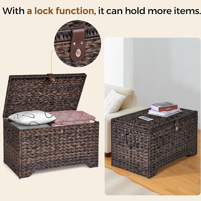 165L Handwoven Wicker Storage Basket with Lid, Large Storage Trunk | Leather Buckle Closure; Waterproof PP Wicker; Large Metal Ring Handles; Reinforced Steel Frame