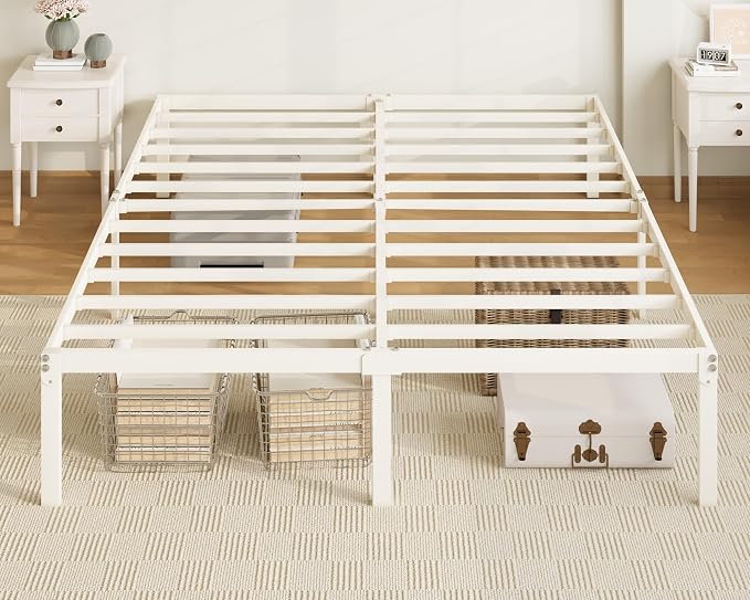 Allewie Full Size Bed Frame, 14 inch Metal Beds with Storage Space, Beige | Heavy-Duty Metal Platform Beds, Large Under-Bed Storage Space, No Box Spring Needed, Easy Assembly