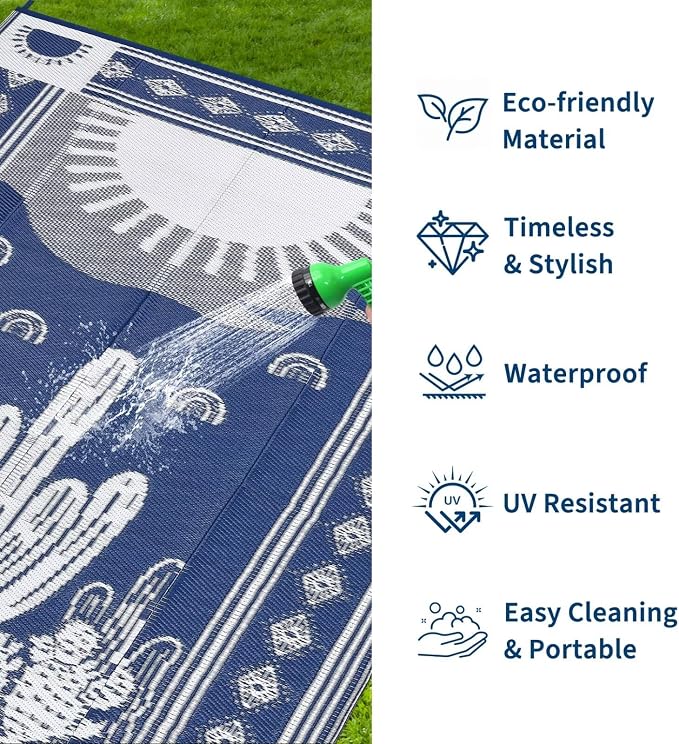 Garvee Waterproof Outdoor Rug 5x8, Cactus Botanical Outdoor Plastic Straw Rug for Camping, Reversible RV Mat Outside, Indoor Outdoor Carpet for Porch, Deck, Backyard, Balcony, Picnic, Navy & White