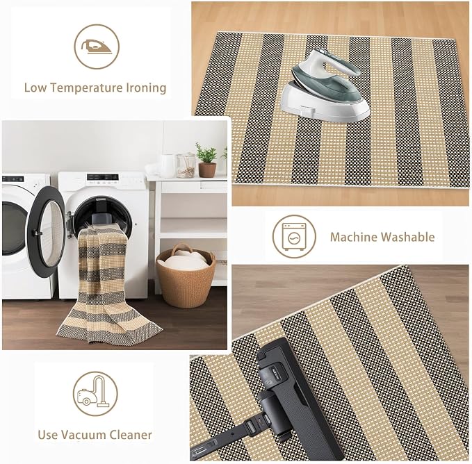 Black and Tan Boho Striped Rugs, 3x5 Rug Outdoor Front Door Mat Hand Woven Washable Rugs for Entryway, Foldable Front Porch Rug for Kitchen/Home Entrance/Farmhouse