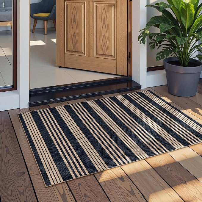 Lahome Striped Easy Jute Front Door Mat, 2x3 Washable Kitchen Outdoor Rug | Black Rugs for Entryway, Modern Farmhouse Neutral Mats, Lightweight Non Slip Carpet for Indoor Entrance Patio Porch Foyer