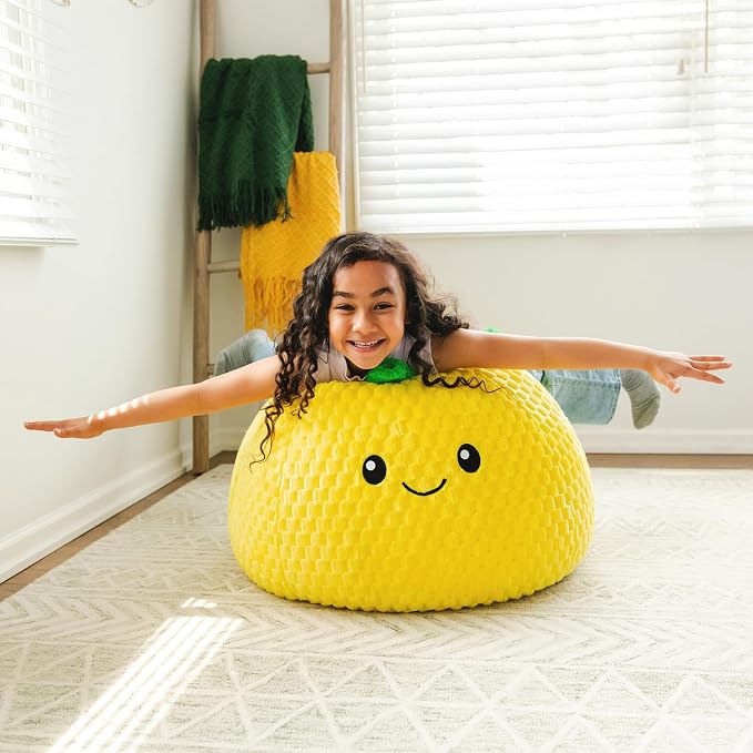 Big Joe Pineapple PlushiPals Super Soft Bean Bag Chair for Kids, Ultra-Soft Plush Polyester Blend, 2.5 feet Refillable | 2.5 feet, Polystyrene Bean Filled, Refillable, Snuggle Puff, Safe for Kids Ages 3 and Up, Supports Up to 150 lbs