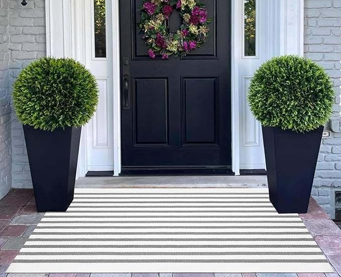 Striped Outdoor Porch Rug 27.5"x43",Farmhouse Grey and White Layered Doormat Cotton Woven Washable Entryway Rug Indoor Outdoor Front Door Mat for Porch/Entryway/Home Entrance Decor