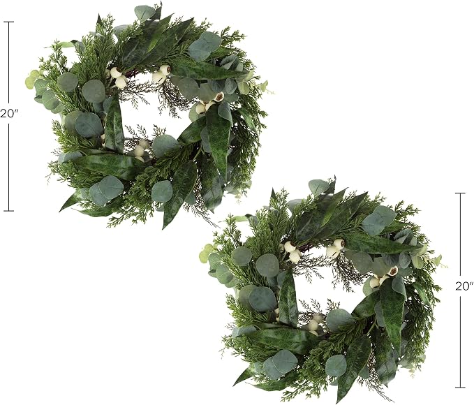 Pure Garden Artificial Wreath Set - Two 20-Inch Eucalyptus Wreaths for Spring, Summer or Fall Home Decor - Indoors or Covered Patio