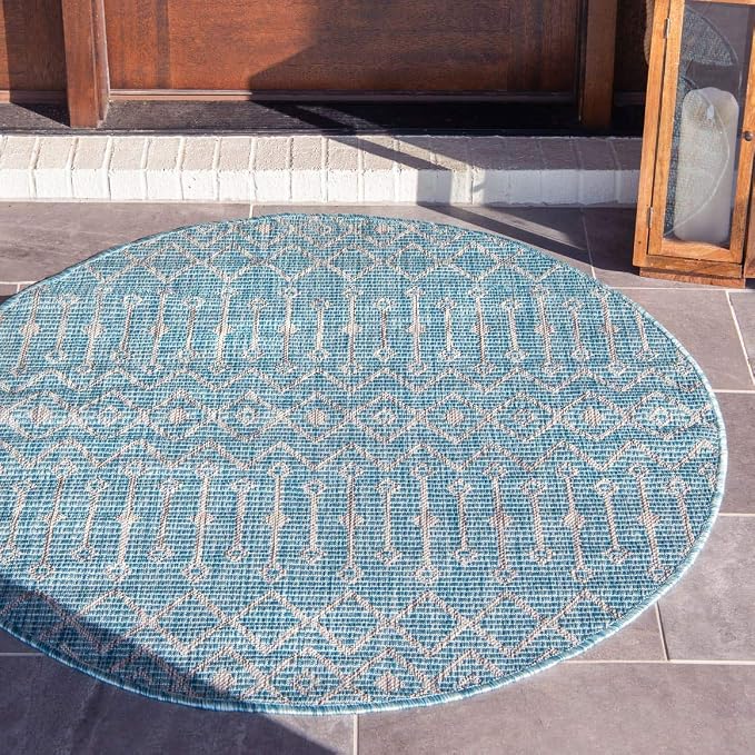 Unique Loom Outdoor Trellis Collection Area Rug - Tribal Trellis (4' 1" Round, Aqua/ Ivory)