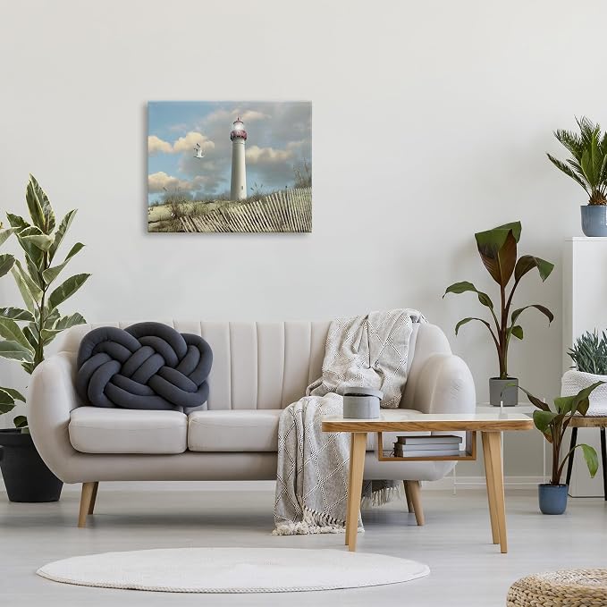 Stupell Industries 'Cape May Sand Dune Fence Lighthouse Beach Scene with Seagull', Canvas Art, 30 x 24 Inches, Easy to Hang and Sturdy, Made in USA, by Alan Giana & Company