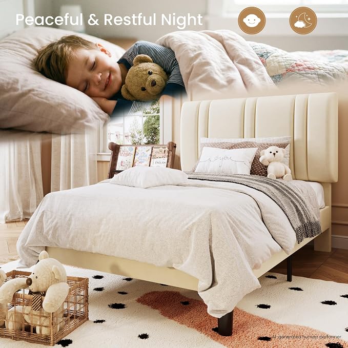 SHA CERLIN Twin Size Velvet Bed Frame with Adjustable Headboard, Cream | Vertical Channel Tufted Design, Upholstered Platform Bed, Wood Slats Support/No Box Spring Needed/Easy Assembly