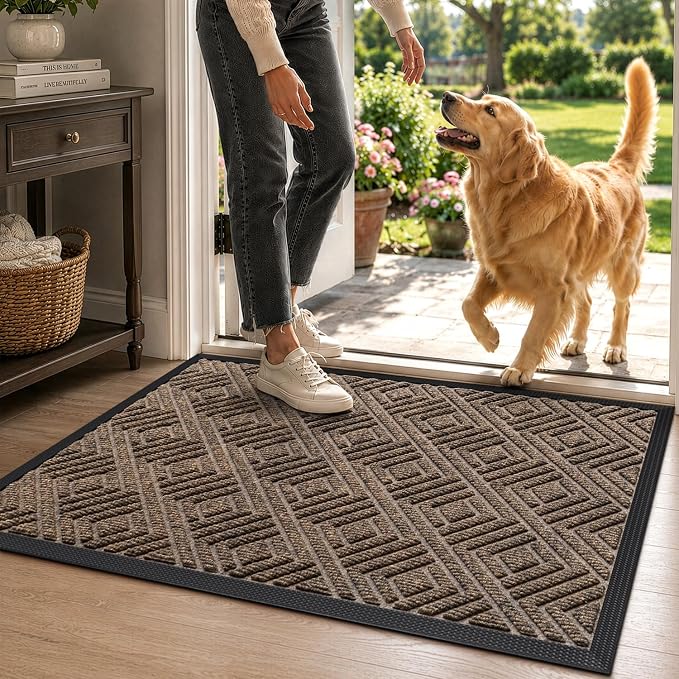 DEXI Front Door Mat Outside Entrance, 17x30 Heavy Duty Entry Doormat Dirt Trapper with Rubber Back, Non Slip Low Profile Floor Mats for Entryway Exterior Patio, Checkered Brown