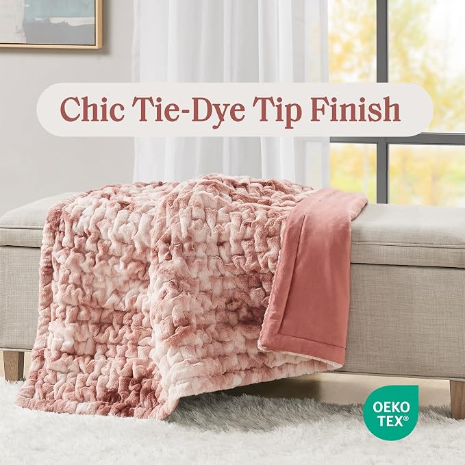 Madison Park Ruched Fur Throw Faux Fur Blanket, 50" x 60", Pink Tie Dye | Luxury, Premium, Soft Cozy Brushed Long Pile, All Season Plush Modern OEKO- TEX Certification Warm For Bed, Couch or Sofa