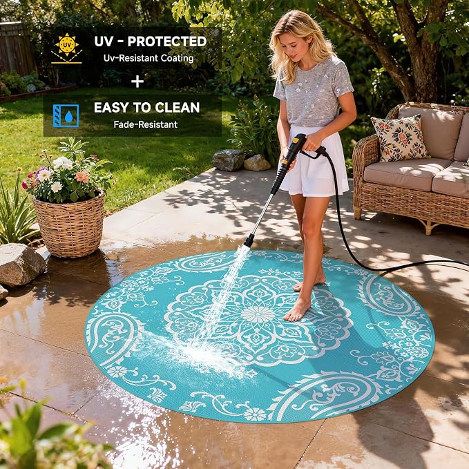 Pauwer Outdoor Rug 6ft, Waterproof Plastic Straw Camping Rug, Boho Teal | Reversible Patio Rug, UV Resistant Indoor Outdoor RV Mat Carpet For Deck, Camper, Porch, Balcony, Backyard, Picnic, Foldable
