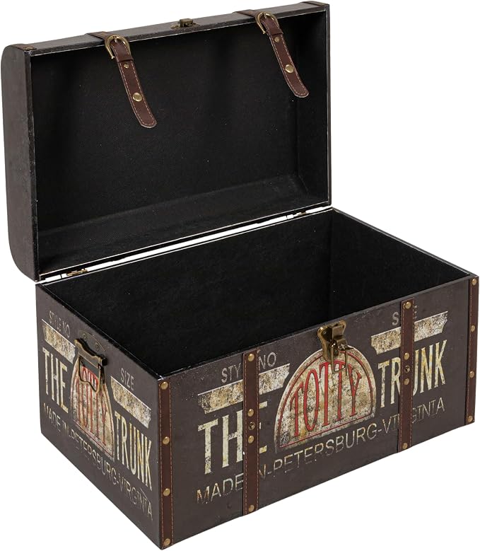 Household Essentials Large Decorative Storage Trunk with Vintage Decoupage, Leather and Metal Accents, Green and Black Finish
