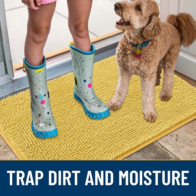 Smiry Dog Door Mat for Muddy Paws 24x16, Absorbent Dirt Trapper, Non-Slip Washable Chenille Entryway Rug for Inside Floor, Yellow, Classic Solid