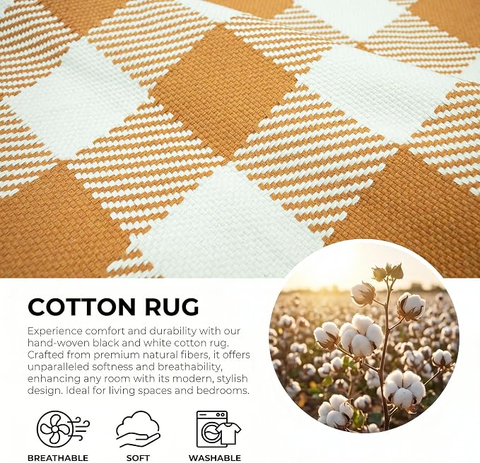 Caramel and White Buffalo Plaid Rug 3'x5', Machine Washable Layering Mat for Front Door, Entryway, Kitchen, Indoor Outdoor Low Profile Cotton Woven Check Rug