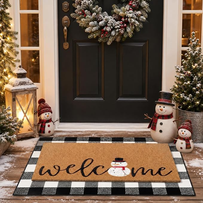 Tinideya 2 Pcs Winter Door Mat Snowman Welcome Non Slip Coir Mats Snow Black White Buffalo Plaid Floor Layering Doormats Seasonal for Front Porch Entryway Decor(Snowman)