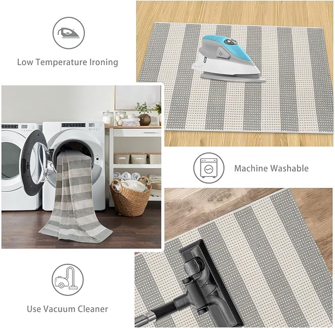 Grey and White Striped Rug-3x5 Front Door Mat Outdoor,Washable Reversible Porch Rug Cotton Hand-Woven Spring Doormat, Foldable Layered Door Mats for Entryway/Farmhouse