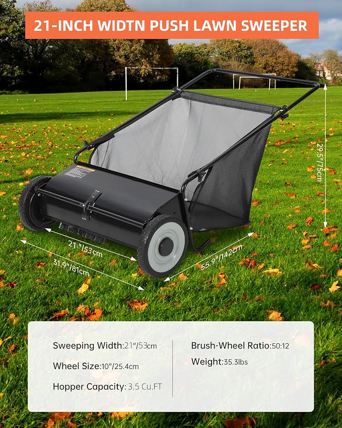 Garvee 21 Inch Push Lawn Sweeper, 3.5 Cu. Ft. Hopper Capacity Grass Sweeper, Manual Push Yard Sweeper with Height Adjustment & 4 Fast Spinning Brushes for Grass Clippings, Leaves & Debris, Black