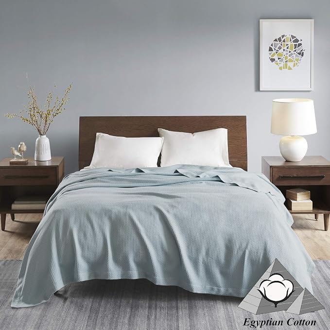 Madison Park 100% Egyptian Cotton Twin Bed Blanket for Summer Light Blue | Cozy Soft Breathable Durable, Waffle Weave Woven Casual, Lightweight Knit All Season Throw for Bed Couch or Sofa, OEKO TEX