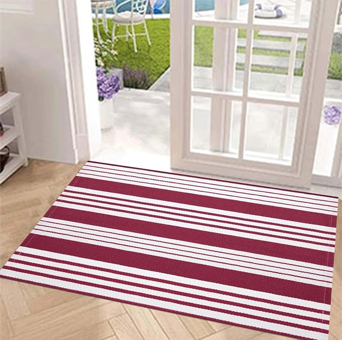 Red and White Striped Rug 24'' x 51'' Front Porch Rug Hand-Woven Machine Washable Indoor/Outdoor Layered Door Mats for Entryway/Bedroom/Outdoor