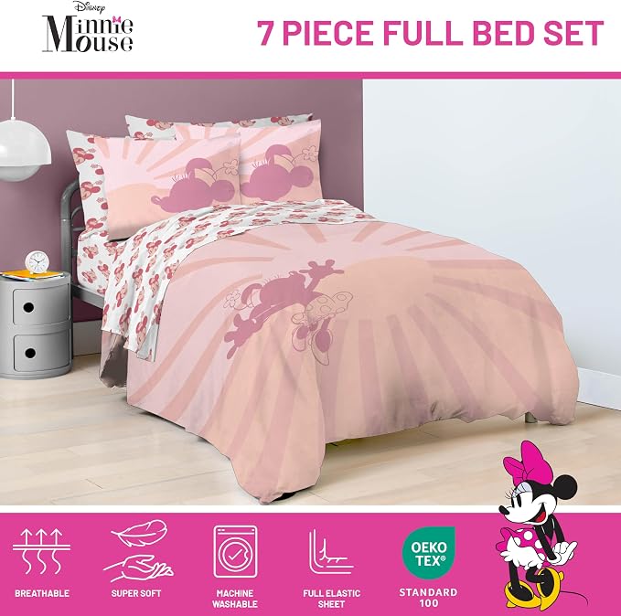 Disney Minnie Mouse Full Comforter Set 7 Piece Bedding for Girls, Pink | Bed in a Bag, Comforter Sheets Shams Pillowcases, Official Product, Soft Microfiber, Machine Washable, Girls Gift
