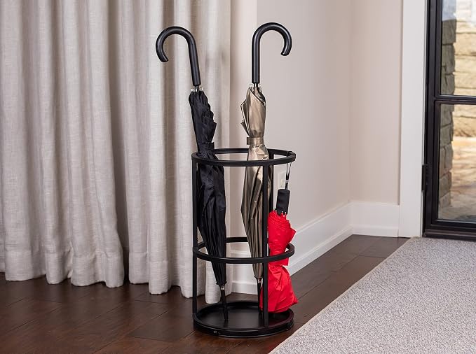BIRDROCK HOME Circular Umbrella Holder with Removable Drip Tray - Stand for Umbrellas - Entryway - Decorative Metal Freestanding Rack Organizer - Cane Walking Stick Holder - Black