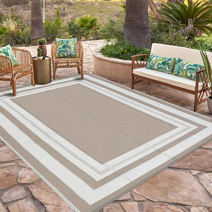 Reversible Outdoor Rug 10x14ft Waterproof Lightweight Plastic Straw Patio Carpet Easy Clean Perfect for Porch RV Deck Picnic Backyard Camping Gray/White